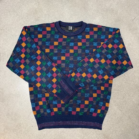 Vintage TSA USA Men's Knit Sweater Rainbow Check L Grandpa Cozy Pullover - Picture 1 of 6